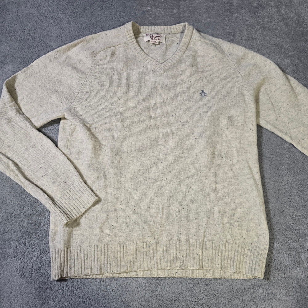 Original Penguin Mens Large V-Neck Sweater Oatmeal Lambswool Speckled Knit Logo